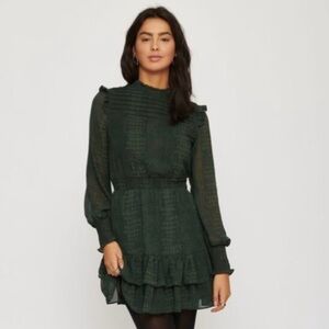 Dynamite|Feminine Dark Green Long Sleeve Ruffled Chiffon Long Sleeve Dress Sz XS